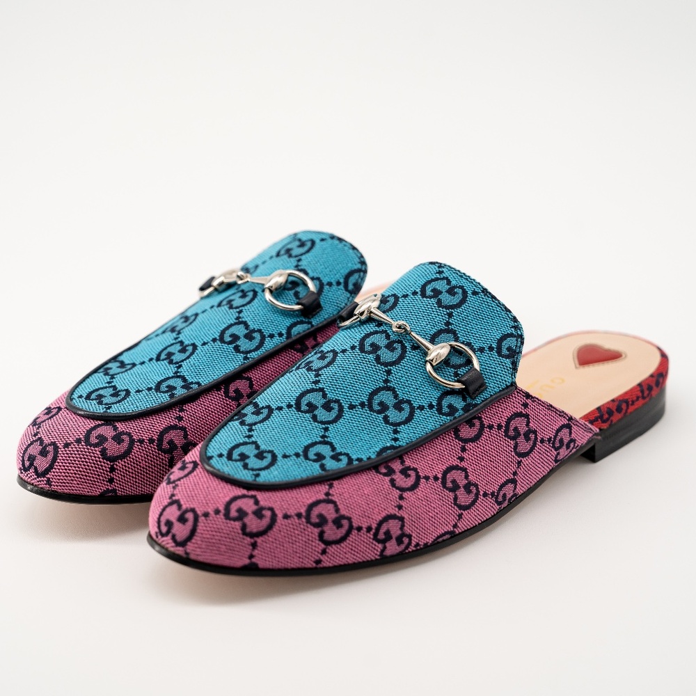 size 35.5G 5.5 US Gucci Princetown Blue Pink GG Canvas Mules Slipper Sandals